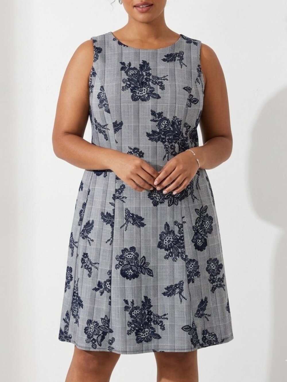Sabrina Blue Women’s Blue Plaid Floral Print Shift Dress Sz 2X Career Feminine
